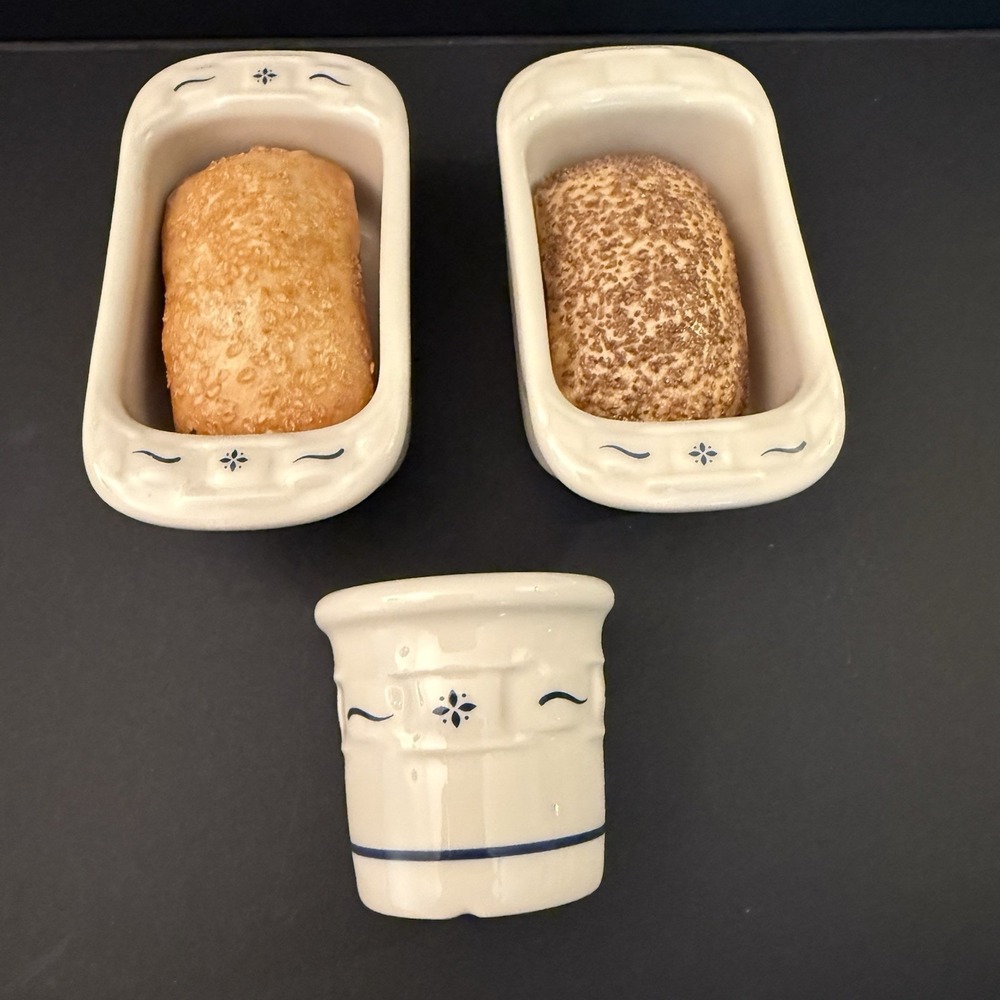 Longaberger Woven Traditions Classic Blue Mini Loaf Pans Crock & Faux Bread 5 Pc